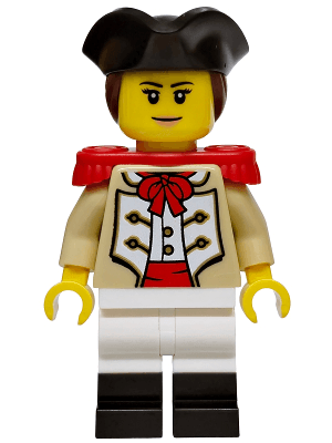 Privateer Frigate Fortuna Marine - Female, Tan Coat, White Legs with Black Boots, Red Epaulettes, Black Tricorne, Reddish Brown Hair, Nougat Lips Smile