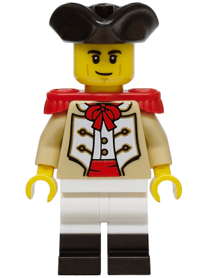 Privateer Frigate Fortuna Marine - Male, Tan Coat, White Legs with Black Boots, Red Epaulettes, Black Tricorne Hat, Lopsided Grin