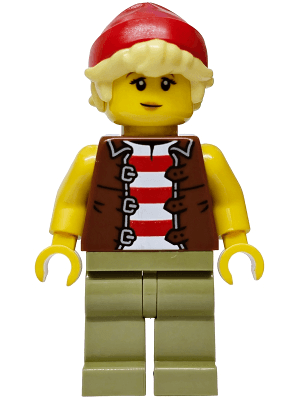Privateer Frigate Fortuna Sailor - Female, Reddish Brown Vest over Red and White Striped Shirt, Olive Green Legs, Red Beanie, Bright Light Yellow Hair