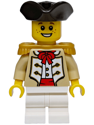 Privateer Frigate Fortuna Midshipman - Male, Tan Coat, White Medium Legs, Pearl Gold Epaulettes, Black Tricorne Hat