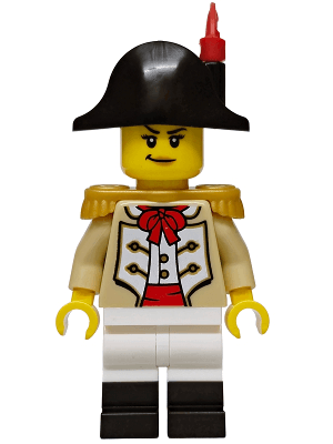 Privateer Frigate Fortuna Lieutenant - Female, Tan Coat, White Legs with Black Boots, Pearl Gold Epaulettes, Black Bicorne Hat, Red Plume