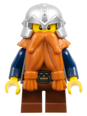 Fantasy Era - Dwarf, Dark Orange Beard, Metallic Silver Helmet with Studded Bands, Dark Blue Arms, Brown Eyebrows, Thin Grin