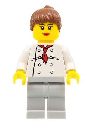 Chef - White Torso with 8 Buttons, Light Bluish Gray Legs, Reddish Brown Ponytail Hair, Black Eyebrows, Female