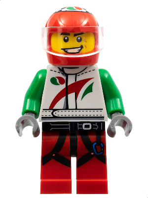 Race Car Driver, White Octan Racing Suit with Octan Logo, Black Leg Straps with Carabiner