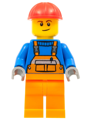 Overalls with Safety Stripe Orange, Orange Legs, Red Construction Helmet, Lopsided Smile