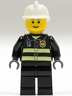 Fire - Reflective Stripes, Black Legs, White Fire Helmet, Brown Eyebrows, Thin Grin