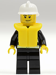 Fire - Reflective Stripes, Black Legs, White Fire Helmet, Smirk and Stubble Beard, Life Jacket