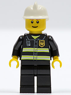 Fire - Reflective Stripes, Black Legs, White Fire Helmet, Reddish Brown Eyebrows, Thin Grin, Yellow Hands