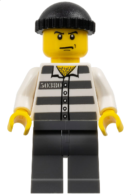 Police - Jail Prisoner 50380 Prison Stripes, Dark Bluish Gray Legs, Black Knit Cap, Angry Eyebrows and Scowl