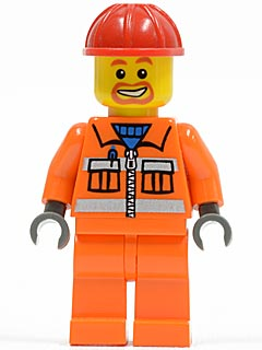 Construction Worker - Orange Zipper, Safety Stripes, Orange Arms, Orange Legs, Red Construction Helmet, Beard Around Mouth