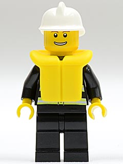 Fire - Reflective Stripes, Black Legs, White Fire Helmet, Thin Grin with Teeth, Life Jacket