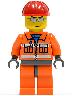 Construction Worker - Orange Zipper, Safety Stripes, Orange Arms, Orange Legs, Dark Bluish Gray Hips, Red Construction Helmet, Silver Sunglasses