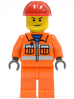 Construction Worker - Orange Zipper, Safety Stripes, Orange Arms, Orange Legs, Red Construction Helmet, Scowl