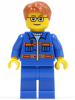 Blue Jacket with Pockets and Orange Stripes, Blue Legs, Dark Orange Short Tousled Hair, Brown Eyebrows, Glasses