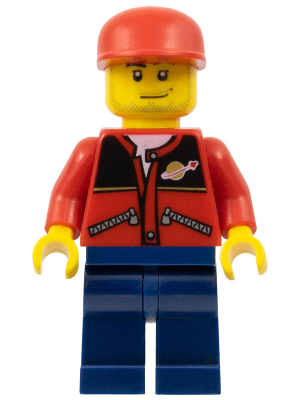 Red Jacket with Zipper Pockets and Classic Space Logo, Dark Blue Legs, Red Cap