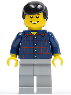 Plaid Button Shirt, Light Bluish Gray Legs, Black Male Hair, Thin Grin with Teeth