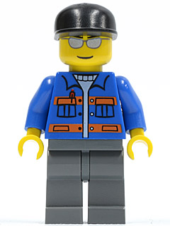 Blue Jacket with Pockets and Orange Stripes, Dark Bluish Gray Legs, Black Cap, Silver Sunglasses