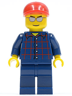 Plaid Button Shirt, Dark Blue Legs, Red Short Bill Cap, Silver Sunglasses