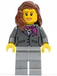 Dark Bluish Gray Jacket with Magenta Scarf, Light Bluish Gray Legs, Reddish Brown Female Hair over Shoulder, Dark Orange Lips