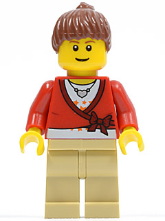 Sweater Cropped with Bow, Heart Necklace, Tan Legs, Reddish Brown Hair Female Ponytail, Brown Eyebrows, Thin Grin