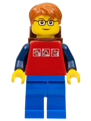Red Shirt with 3 Silver Logos, Dark Blue Arms, Blue Legs, Dark Orange Short Tousled Hair, Brown Eyebrows, Backpack