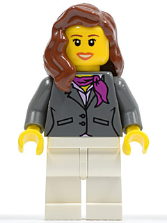 Dark Bluish Gray Jacket with Magenta Scarf, White Legs, Reddish Brown Female Hair over Shoulder