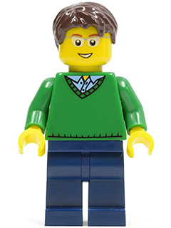 Green V-Neck Sweater, Dark Blue Legs, Dark Brown Short Tousled Hair, Glasses