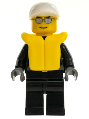 Police - City Leather Jacket with Gold Badge, White Short Bill Cap, Silver Sunglasses, Life Jacket