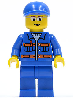 Blue Jacket with Pockets and Orange Stripes, Blue Legs, Blue Short Bill Cap, Glasses, Open Mouth Smile