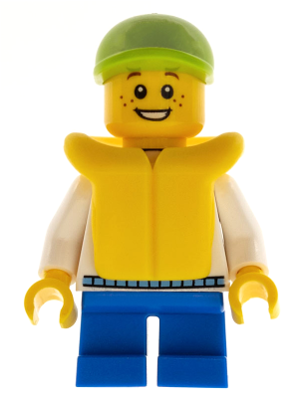 Child - Boy, White Hoodie with Medium Blue Pocket, Blue Short Legs, Lime Cap, Freckles, Yellow Life Jacket