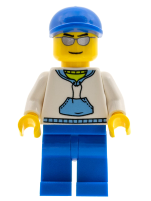 White Hoodie with Medium Blue Pocket, Blue Legs, Blue Short Bill Cap