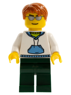 White Hoodie with Medium Blue Pocket, Dark Green Legs, Dark Orange Short Tousled Hair