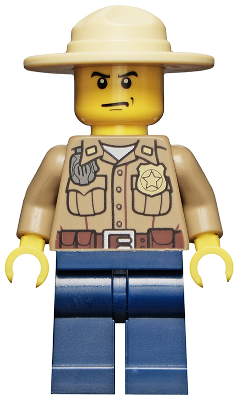 Forest Police - Dark Tan Shirt with Pockets, Radio and Gold Badge, Dark Blue Legs, Campaign Hat, Angry Eyebrows and Scowl, White Pupils