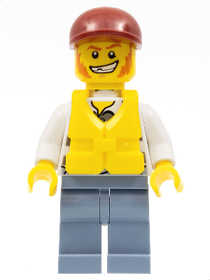 Police - Jail Prisoner Torn Overalls over Prison Stripes, Sand Blue Legs, Dark Red Short Bill Cap, Life Jacket Center Buckle