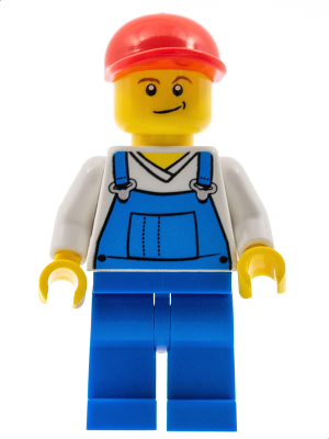 Overalls Blue over V-Neck Shirt, Blue Legs, Red Short Bill Cap, Crooked Smile
