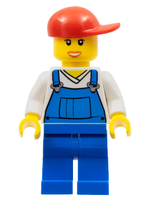 Overalls Blue over V-Neck Shirt, Blue Legs, Red Short Bill Cap, Open Mouth Smile