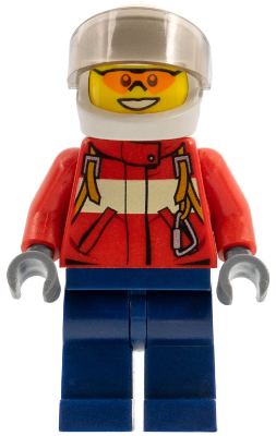 Fire - Pilot Male, Red Fire Suit with Carabiner, Dark Blue Legs, White Helmet, Trans-Brown Visor, Orange Safety Glasses