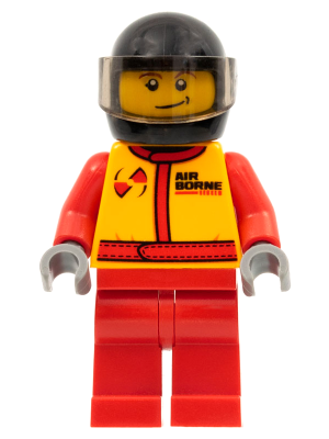 Monster Truck Driver, Racing Suit with Airborne Spoilers Logo, Black Helmet with Trans-Brown Visor, Crooked Smile