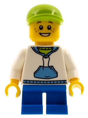 Child - Boy, White Hoodie with Medium Blue Pocket, Blue Short Legs, Lime Cap, Freckles