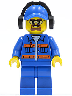 Blue Jacket with Pockets and Orange Stripes, Blue Legs, Blue Cap with Hole, Headphones, Safety Goggles
