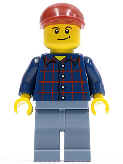 Plaid Button Shirt, Sand Blue Legs, Dark Red Short Bill Cap, Lopsided Smile with Dimple