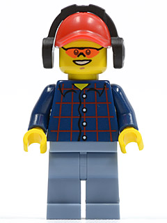Plaid Button Shirt, Sand Blue Legs, Red Cap with Hole, Black Headphones