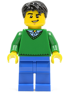 Green V-Neck Sweater, Blue Legs, Black Short Tousled Hair, Lopsided Grin