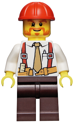 Construction Foreman - Shirt with Tie and Suspenders, Dark Brown Legs, Red Construction Helmet