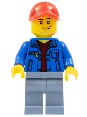 Blue Jacket over Dark Red V-Neck Sweater, Sand Blue Legs, Red Cap with Hole, Smirk and Stubble Beard