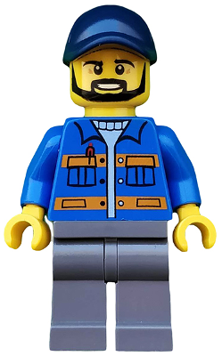 Blue Jacket with Pockets and Orange Stripes, Dark Bluish Gray Legs, Dark Blue Cap with Hole, Black Beard
