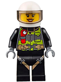 Fire - Reflective Stripes with Utility Belt and Flashlight, White Helmet, Trans-Brown Visor, Dark Orange Lips Open Mouth Smile