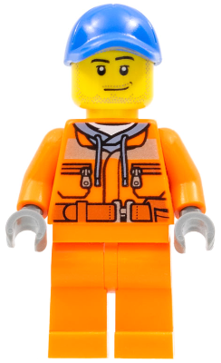 Tow Truck Driver - Male, Orange Safety Jacket, Reflective Stripe, Sand Blue Hoodie, Orange Legs, Blue Cap with Hole, Stubble