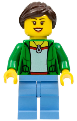 Customer - Green Female Jacket Open with Necklace, Medium Blue Legs, Dark Brown Ponytail and Swept Sideways Fringe