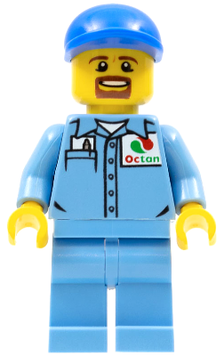 Medium Blue Uniform Shirt with Pocket and Octan Logo, Medium Blue Legs, Blue Short Bill Cap, Goatee